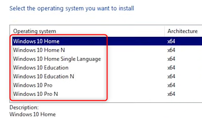 Выберите версию Windows для установки.