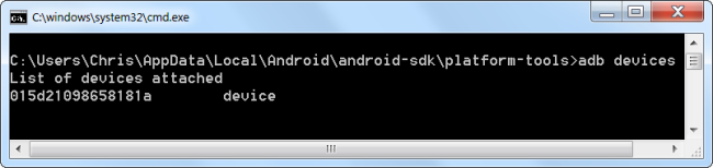 Вывод adb devices с подключённым устройством