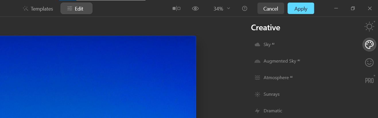 Выбор вкладки Редактировать и Креатив — скриншот