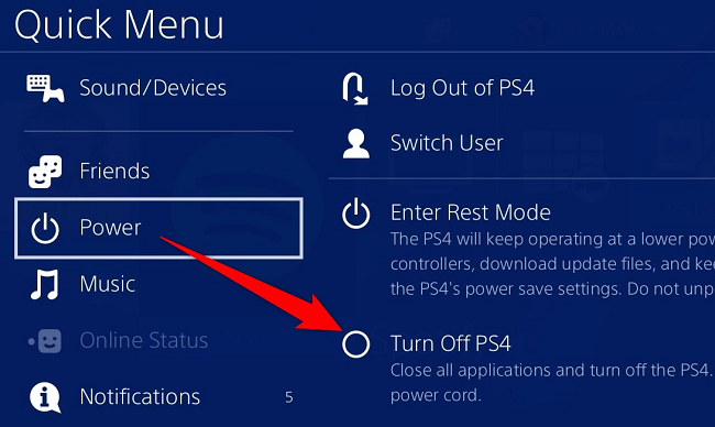 Выберите Питание → Выключить PS4.