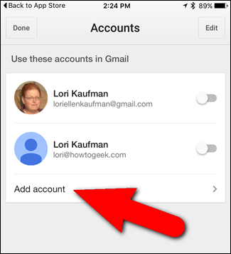 Кнопка Добавить аккаунт в приложении Gmail