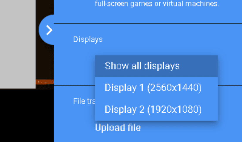 Меню выбора дисплеев в Chrome Remote Desktop