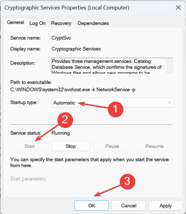 Кнопка 'Запустить' для запуска Cryptographic Services
