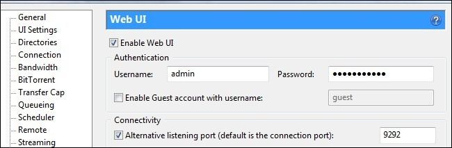 Настройка Web UI в uTorrent: экран настроек Web UI