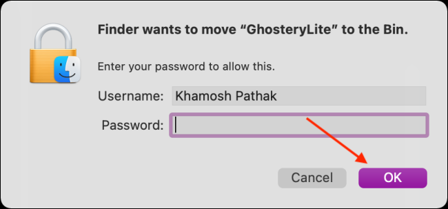 Click OK after Entering Your Password