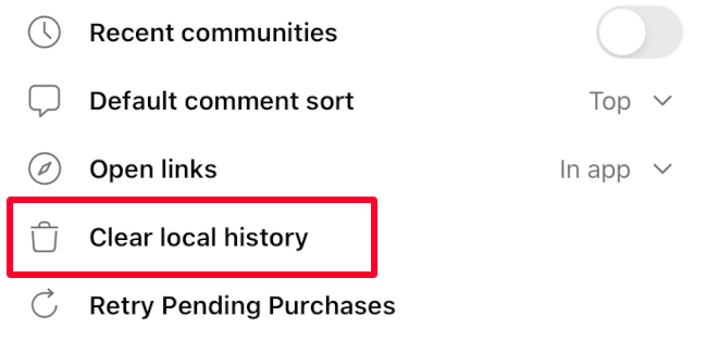 Опция Clear Local History в настройках приложения Reddit на iOS