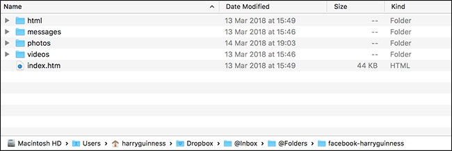 Папки и файл index.htm в распакованном архиве Facebook