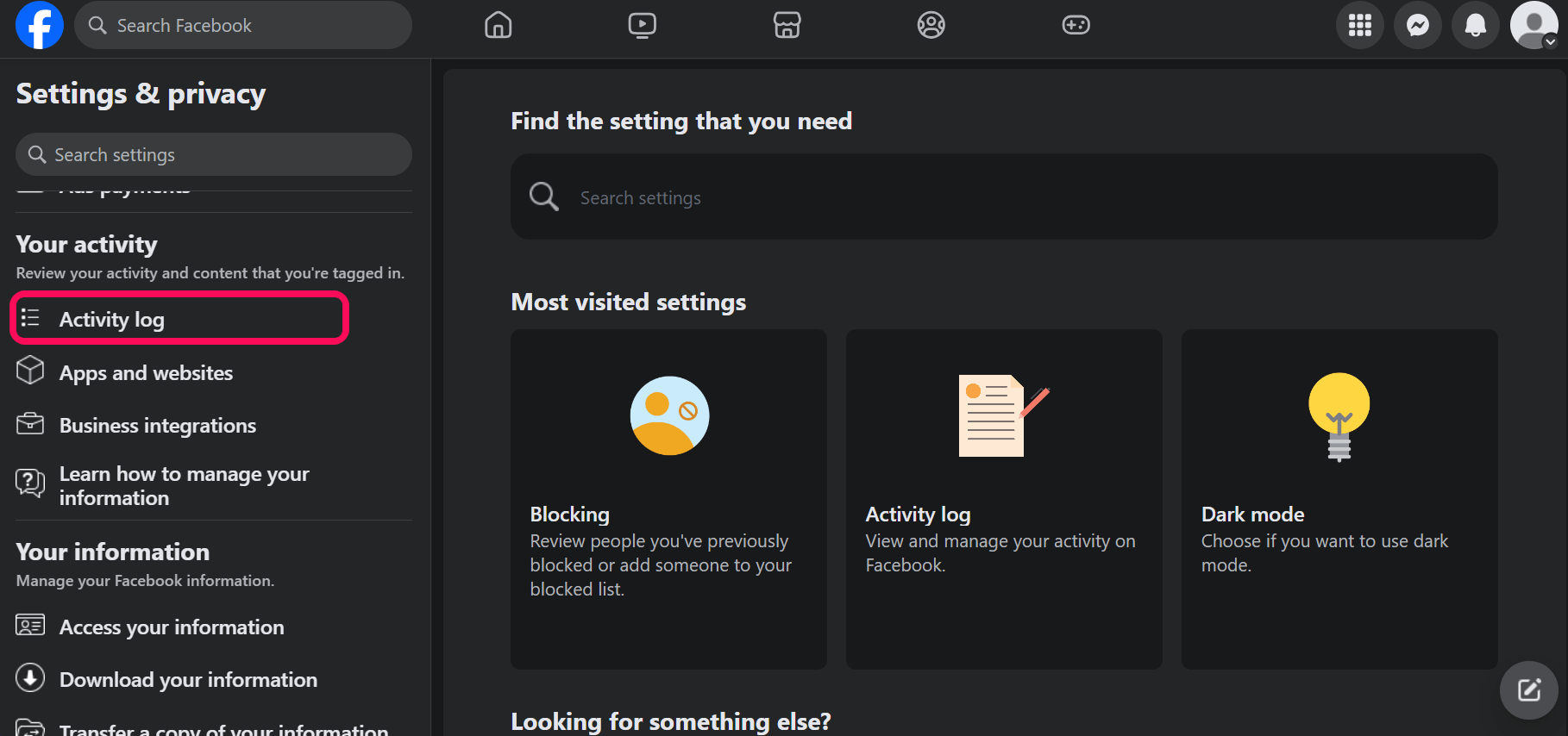 Accès au Journal d'activité depuis la section Votre activité