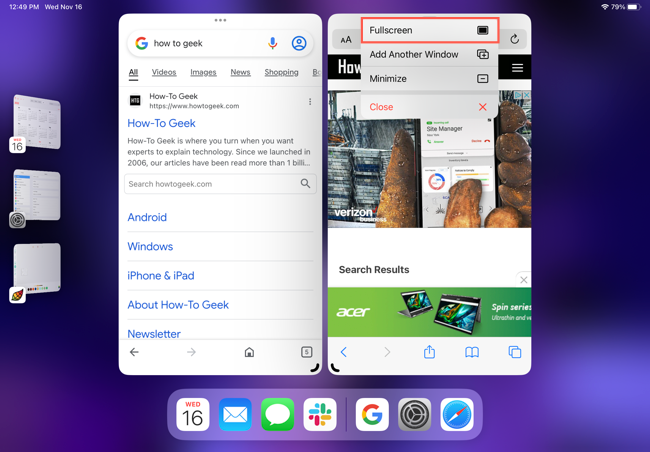 Fullscreen in the active app menu
