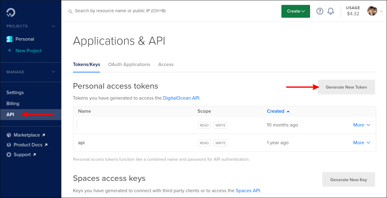Скриншот: создание API-токена DigitalOcean