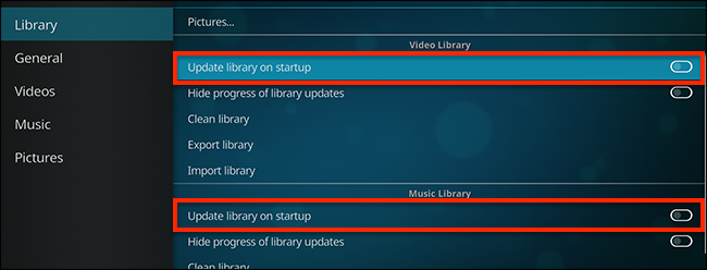 Параметры сканирования библиотеки для Видео и Музыки