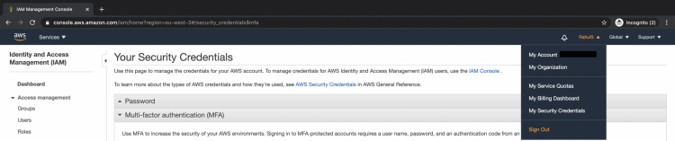 Экран выхода из консоли AWS