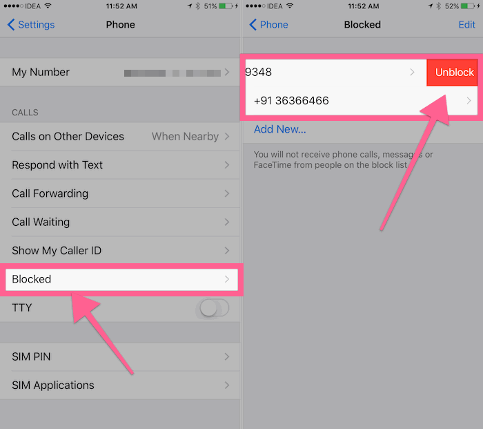 Кнопка Разблокировать в списке заблокированных