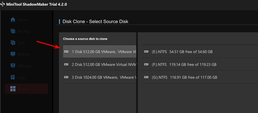 Выбор исходного диска в MiniTool ShadowMaker