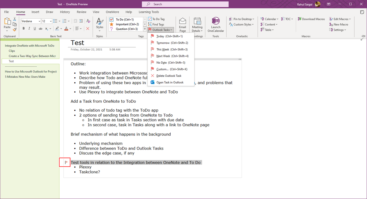 Преобразование заметки в задачу Outlook