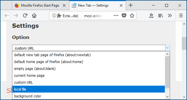 Опция 'локальный файл' в New Tab Override — выбор HTML-файла