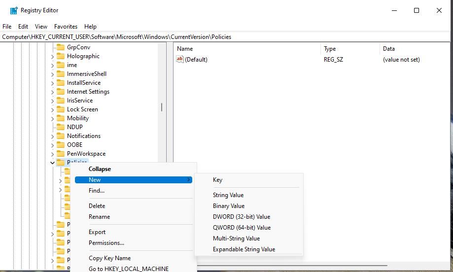 Создание нового ключа в реестре