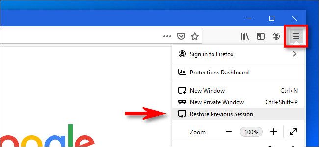 Меню Firefox: пункт «Восстановить предыдущую сессию»