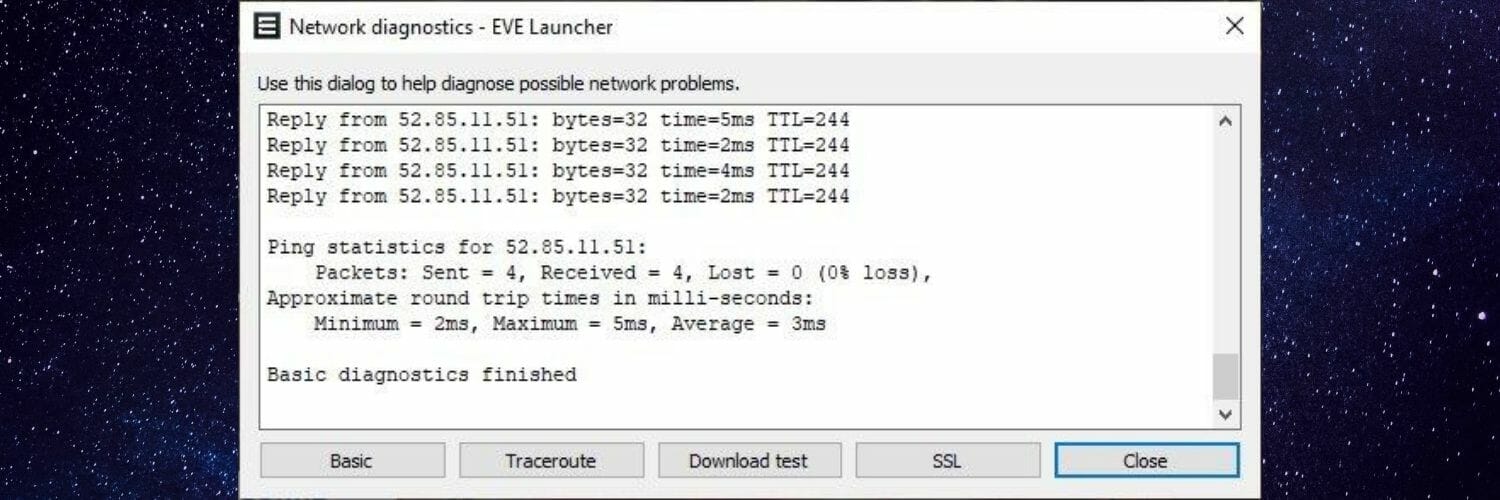 Скриншот: базовый тест сетевой диагностики EVE Online — проверка потерь пакетов