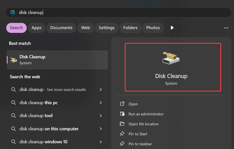 Открытие приложения «Очистка диска» в меню Пуск