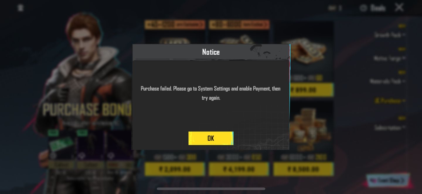 Ошибка оплаты в Battleground Mobile India на iPhone.