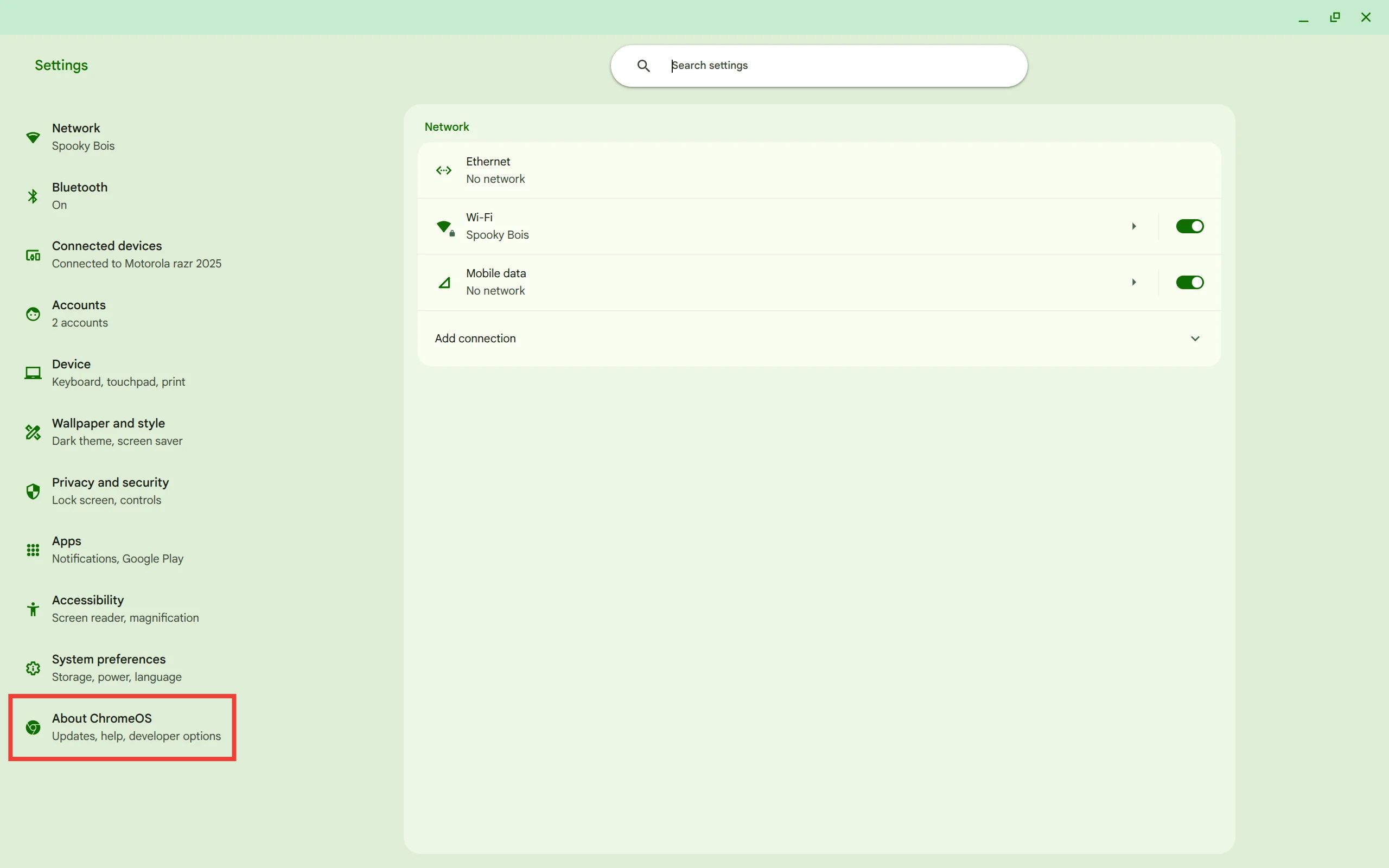 The Chromebook Settings app with a red box around the 'About ChromeOS' option