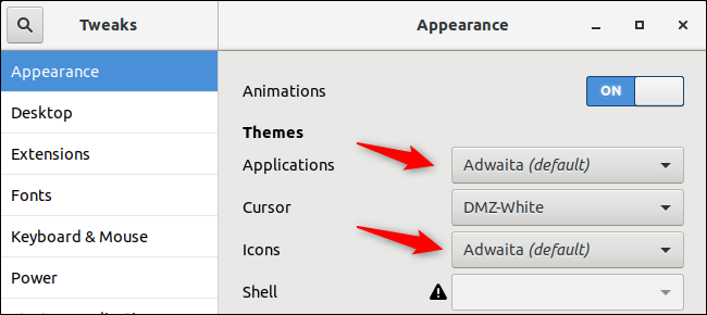 Выбор темы Adwaita в Tweaks