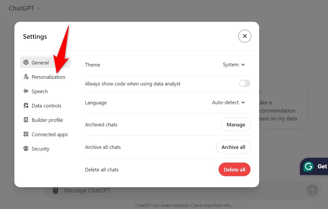 Выделена опция 'Personalization' в настройках ChatGPT.