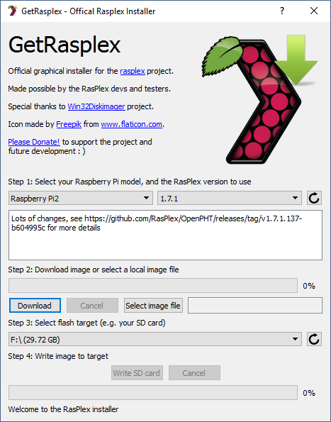 Интерфейс установщика RasPlex: выбор образа и запись на SD