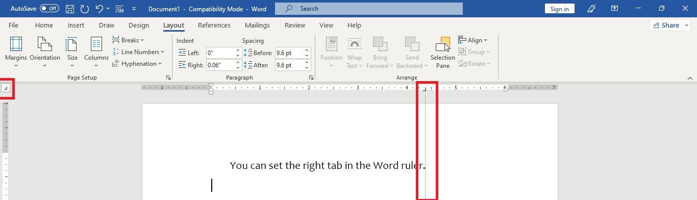 Установка правого табулятора на линейке в Word