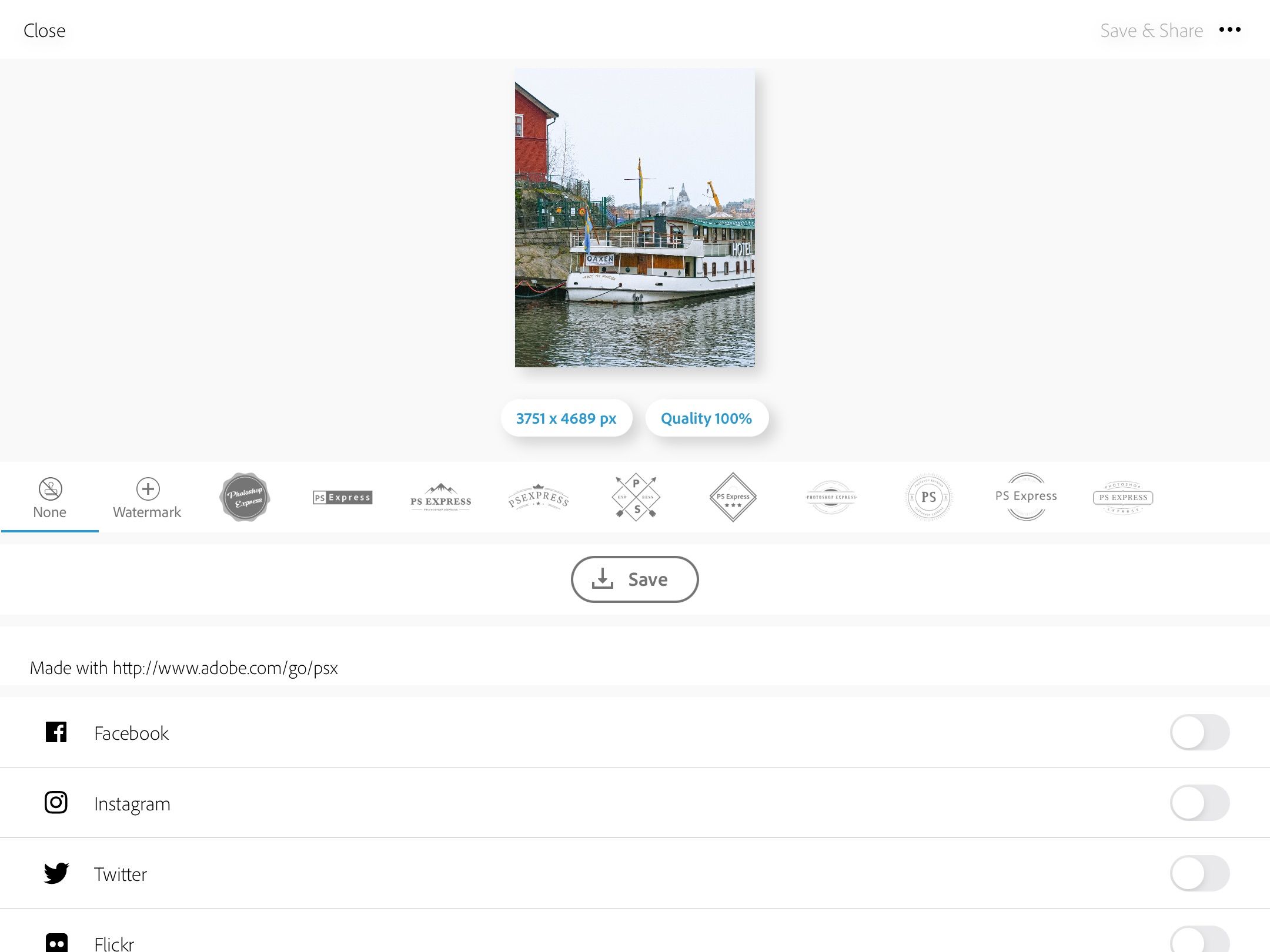 Скриншот кнопки Share в Photoshop Express