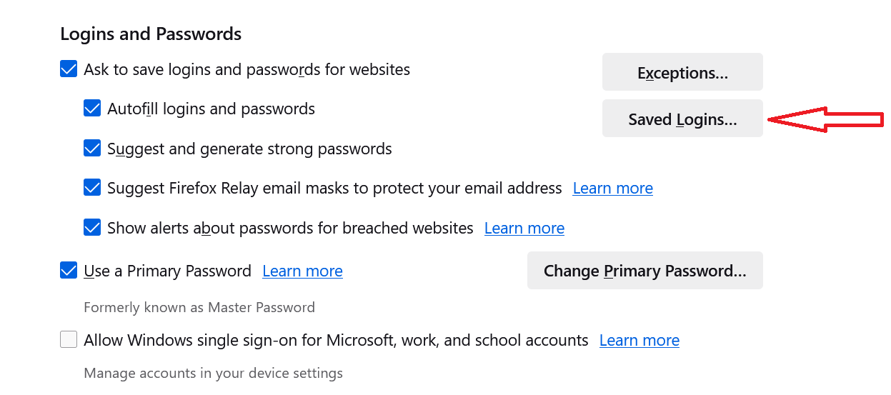 Список сохранённых логинов в Firefox на Windows