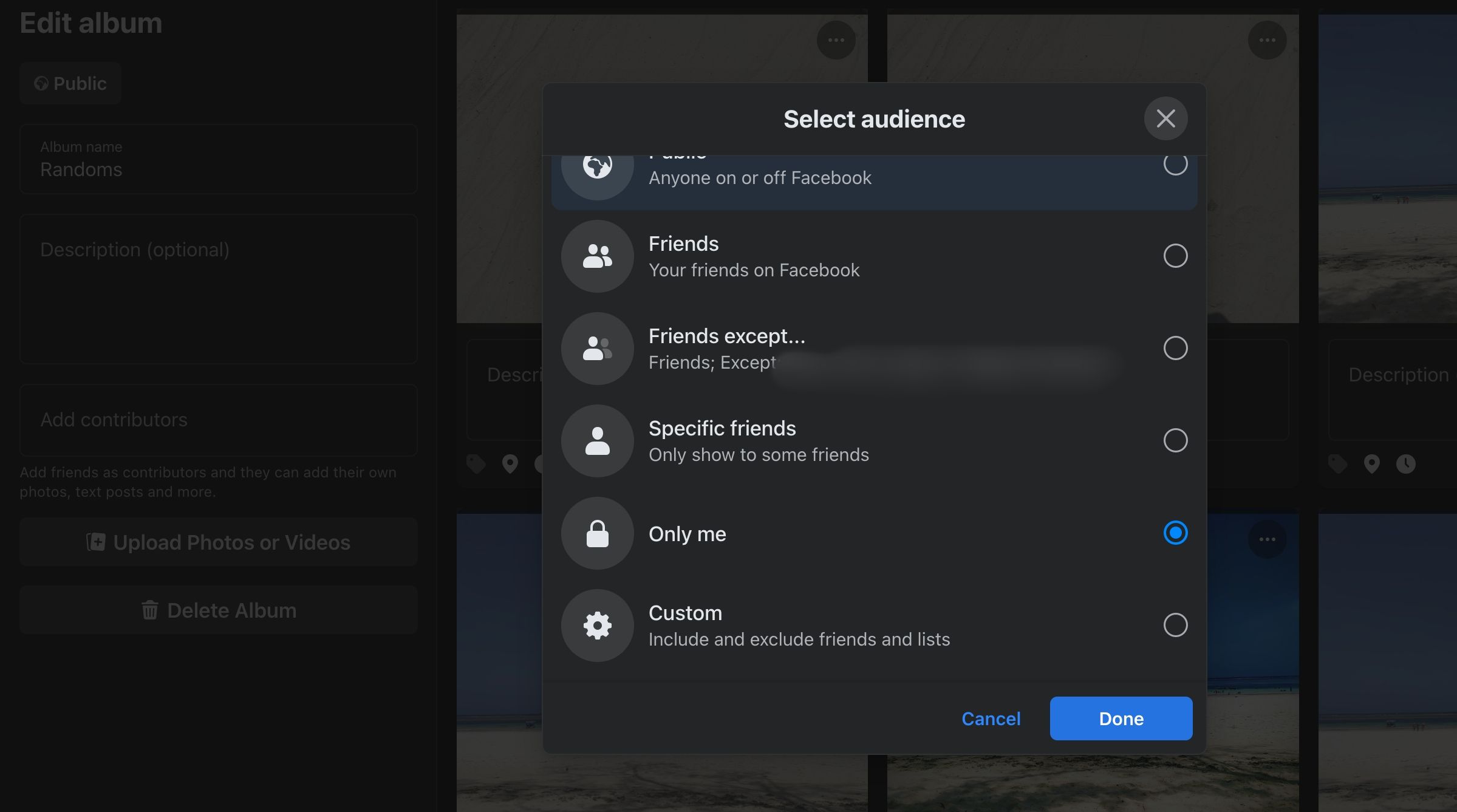 Установка приватности альбома на Facebook