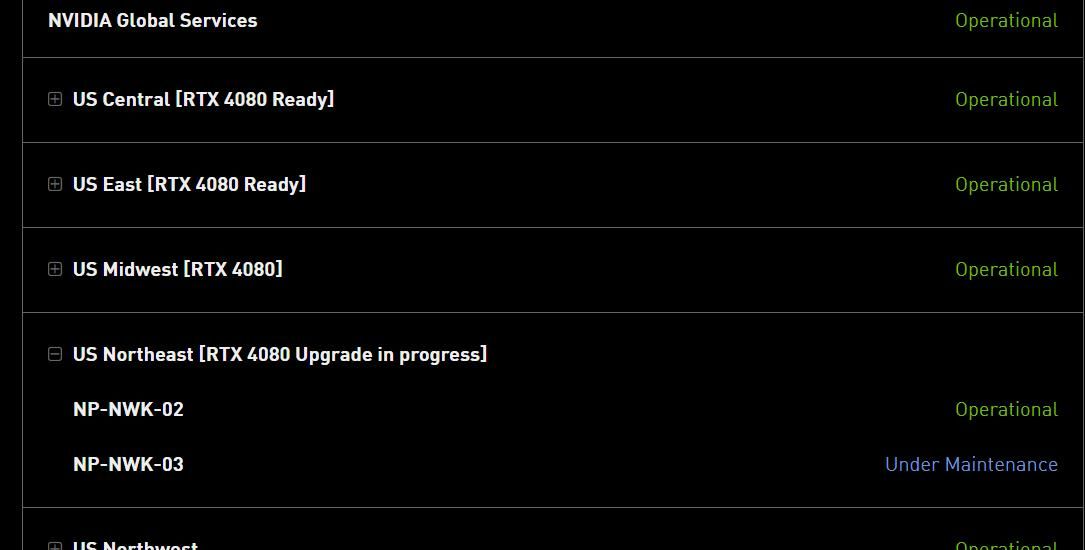 The NVIDIA server status page