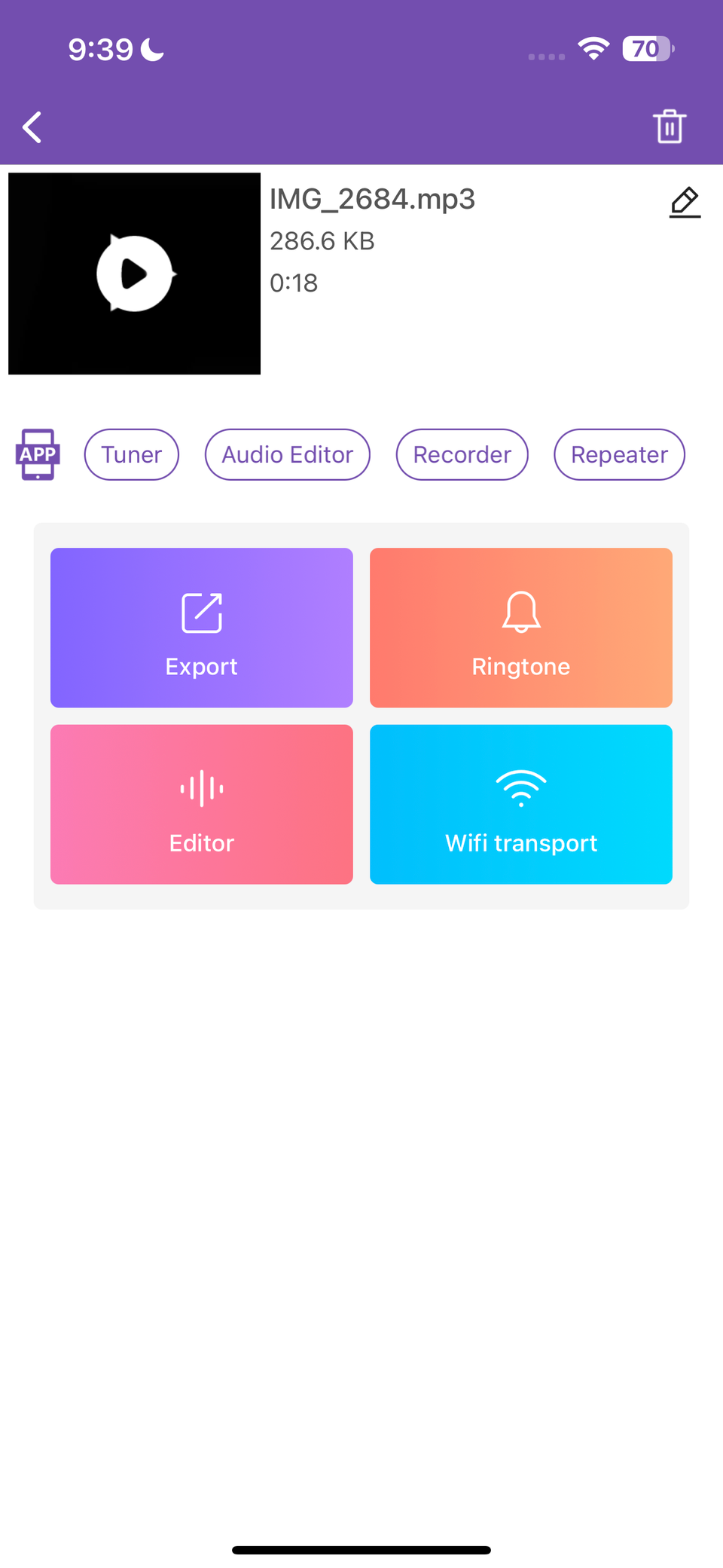 Опции «Экспорт», «Рингтон», «Редактор» и перенос по WiFi