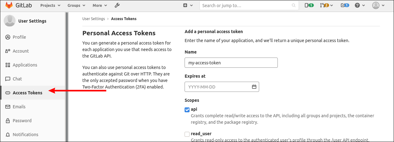 Скриншот создания личного токена доступа в GitLab