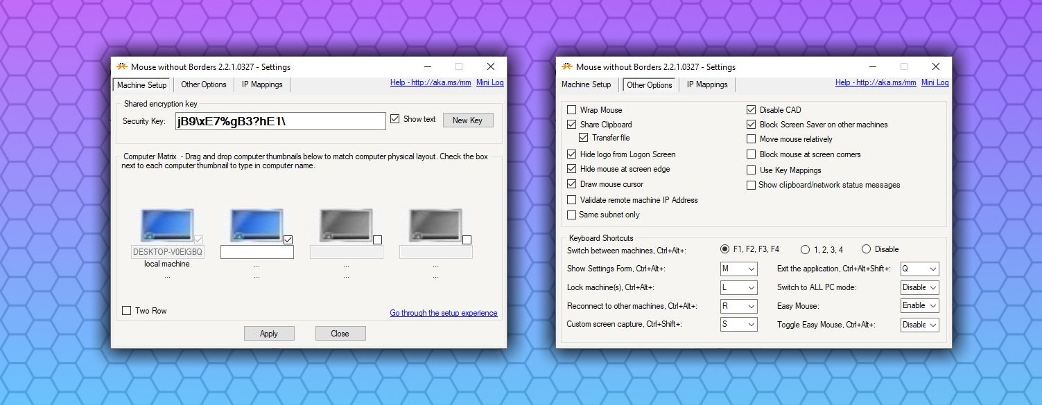 окно Mouse Without Borders и параметры подключения
