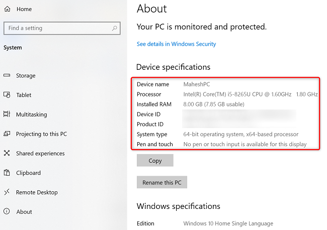 Сведения об устройстве в Параметрах: процессор, объём ОЗУ и тип системы.