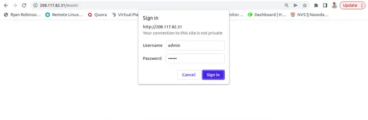 Страница входа Munin с формой логина