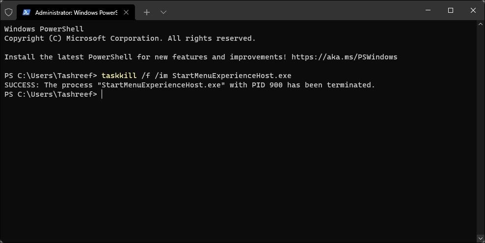 Перезапуск процесса меню «Пуск» через командную строку — изображение терминала