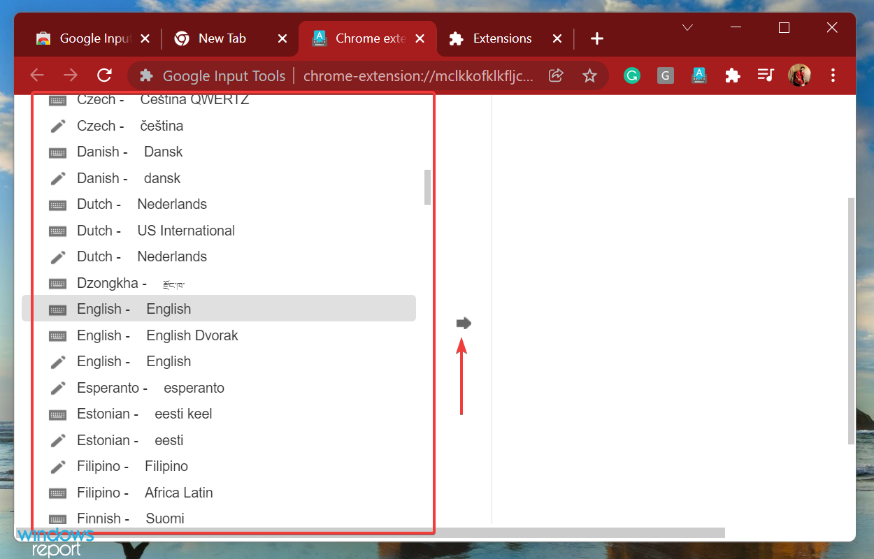 Выбор входного языка и добавление в список