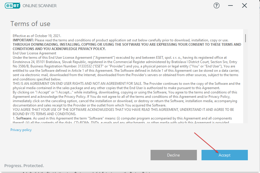 Экран условий использования ESET