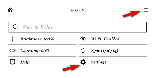 Кнопка меню на Kobo
