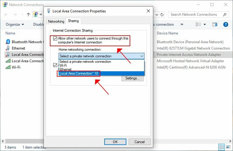 Включение общего доступа к интернету на Windows 10