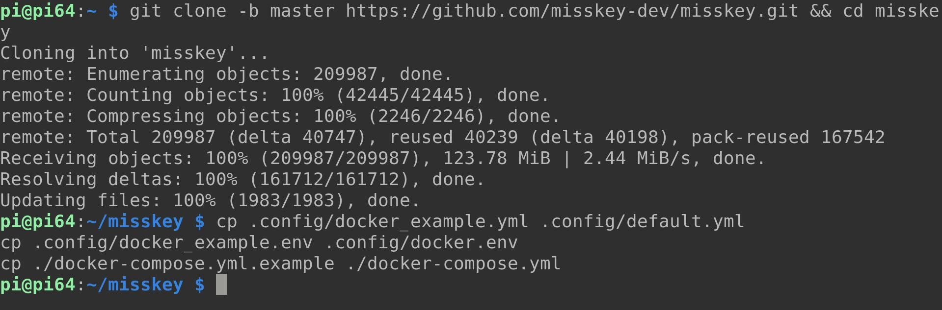 клонирование репозитория misskey и копирование конфигураций