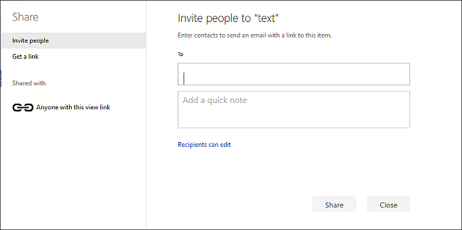 Скриншот: диалог совместного доступа OneDrive в браузере