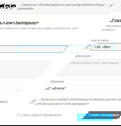 Экран создания Teamspace в Notion