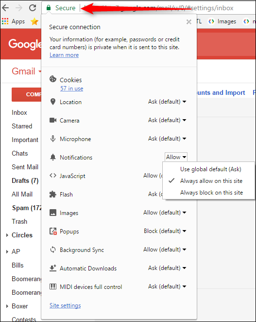 Скриншот: разрешение уведомлений для сайта Gmail в Chrome