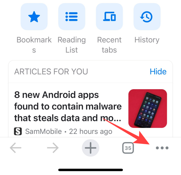 Когда Chrome откроется, нажмите иконку с тремя точками в правом нижнем углу и выберите