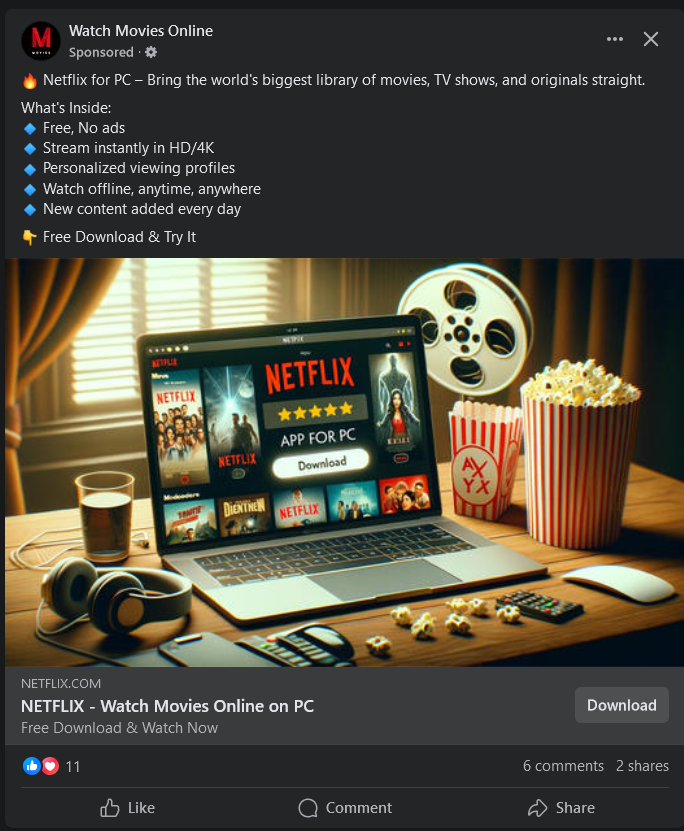 пример злонамеренной рекламы на Facebook в ленте с выделением подозрительного объявления